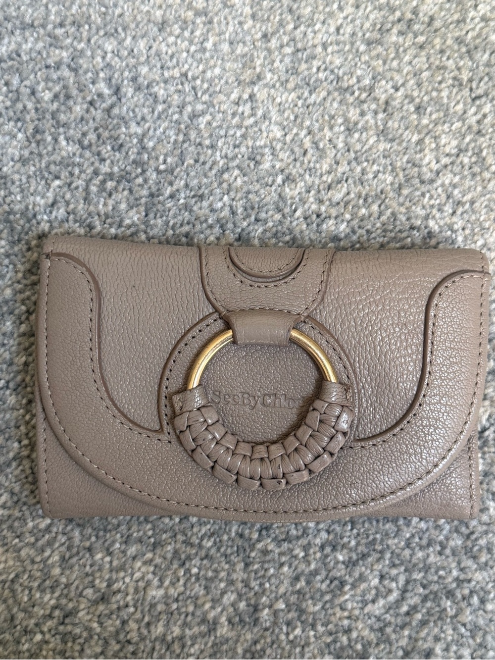 See By Chloe Taupe Leather Compact Wallet with Woven Ring